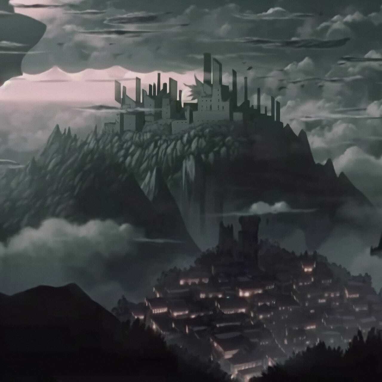 Nazgul over sleeping town, Midjourney prompt showcasing anime-inspired landscape, emphasizing dark fantasy elements and atmospheric composition.