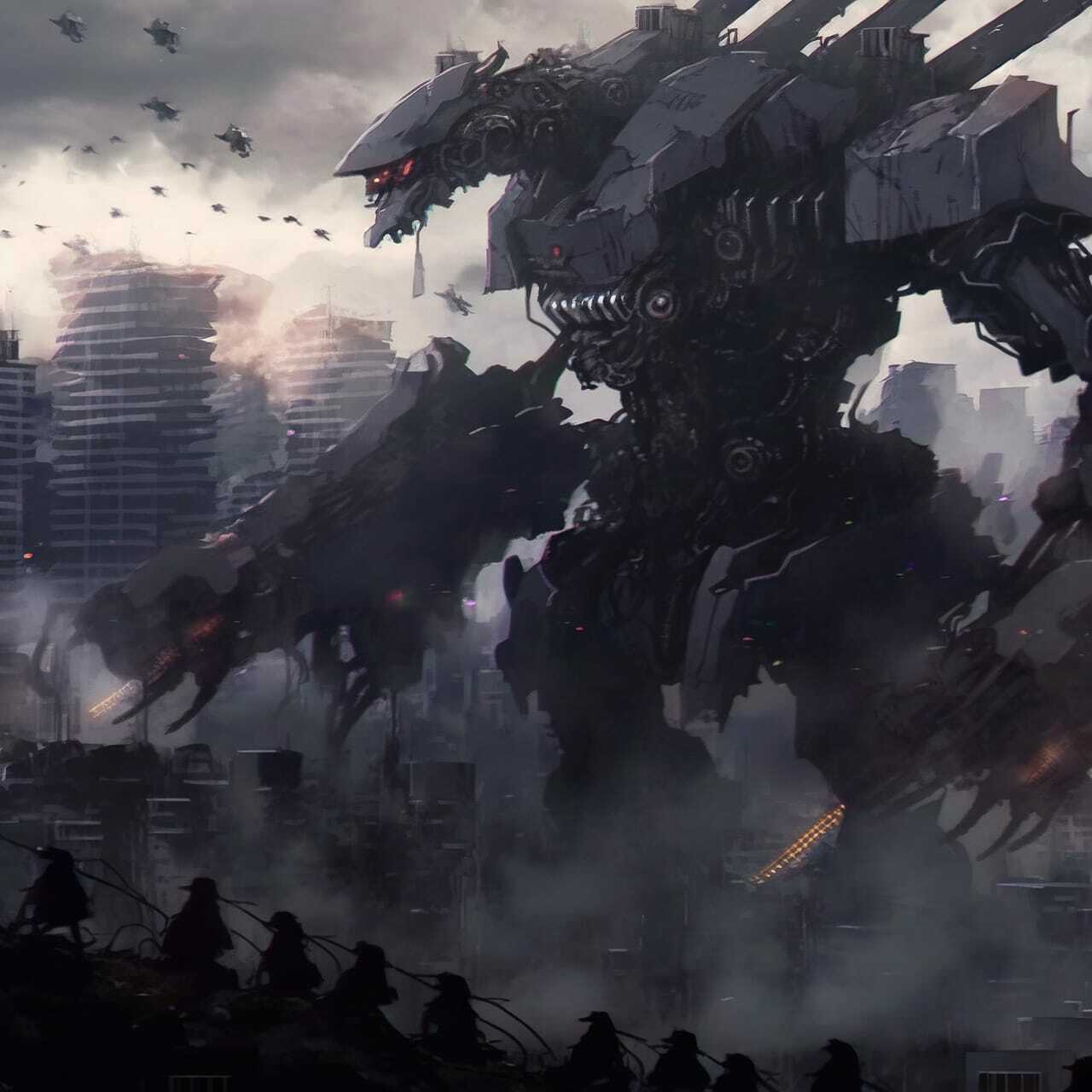 Midjourney prompt for giant mech in urban landscape, showcasing dynamic composition and character-focused elements.