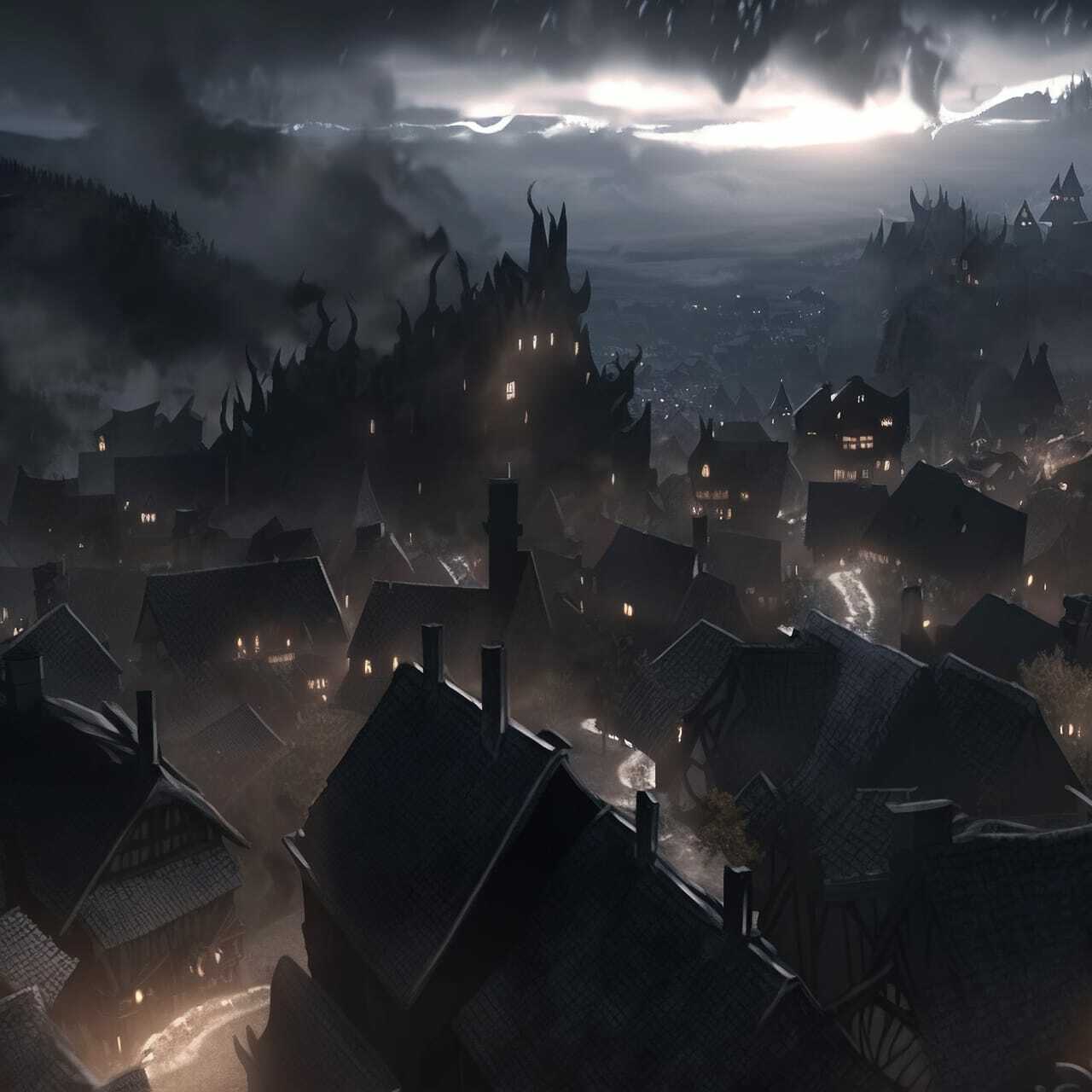 Nazgul over sleeping town, Midjourney prompt showcasing dark fantasy elements, atmospheric composition, and detailed architecture.