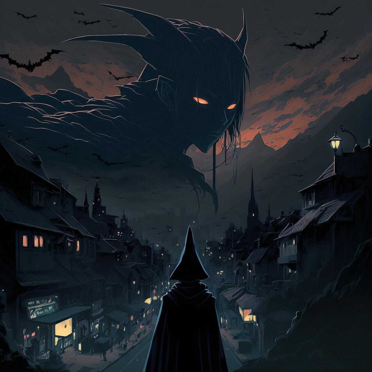 Nazgul over sleeping town, showcasing Midjourney prompt engineering for anime-style text-to-image generation.
