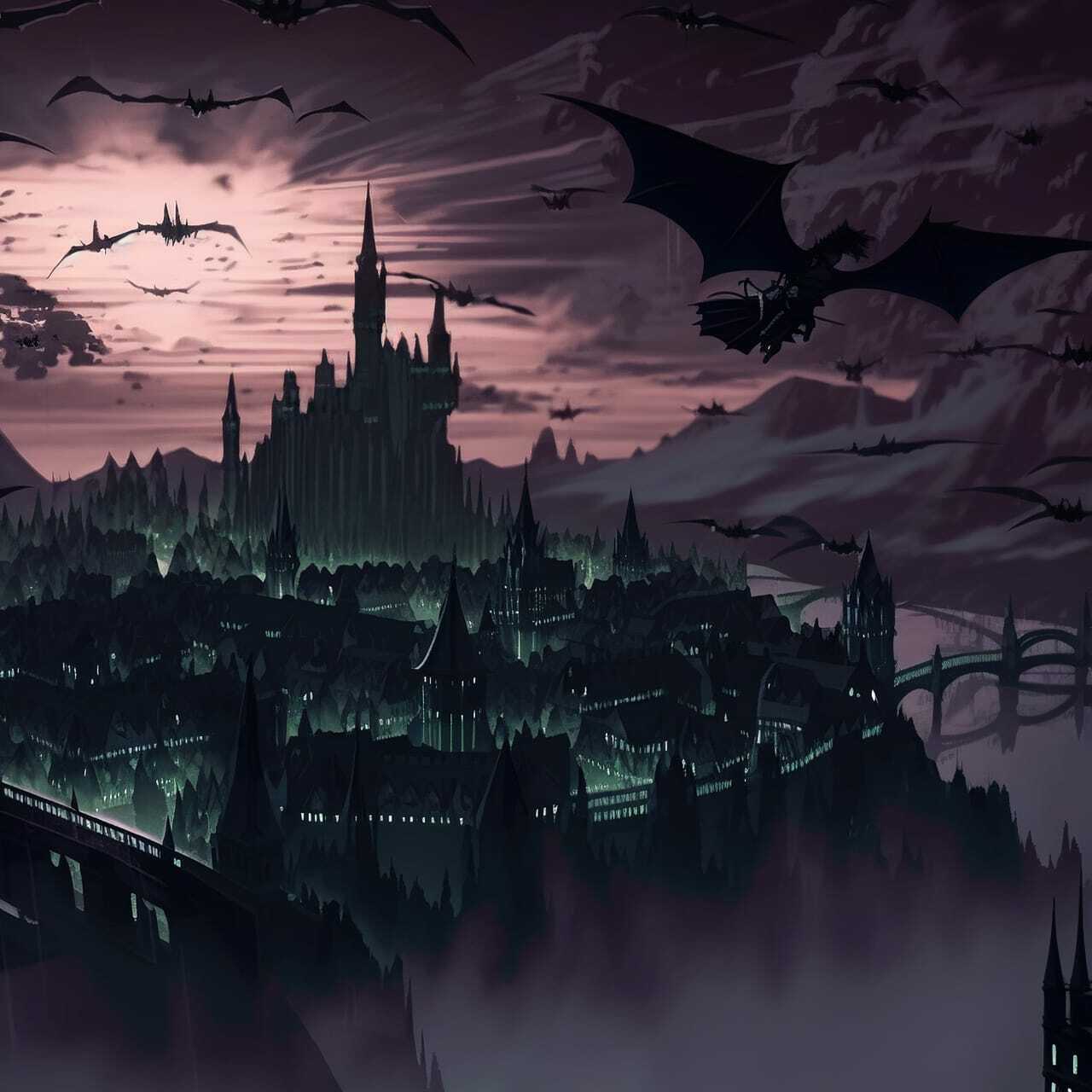 Midjourney prompt for Nazgul over sleeping town, showcasing dark fantasy elements and atmospheric composition.