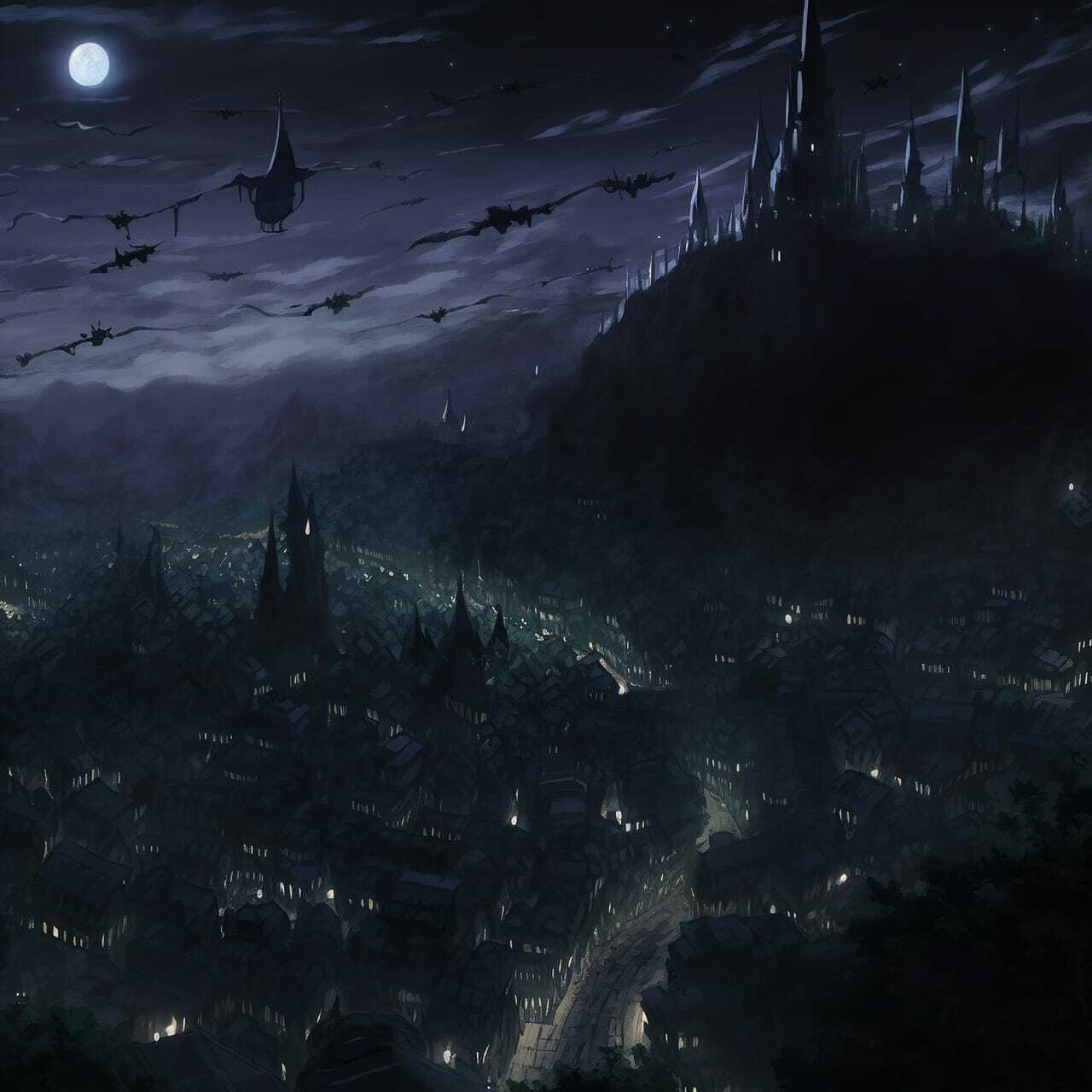 Midjourney prompt for anime-style Nazgul over sleeping town, showcasing dark atmospheric elements and intricate architecture.