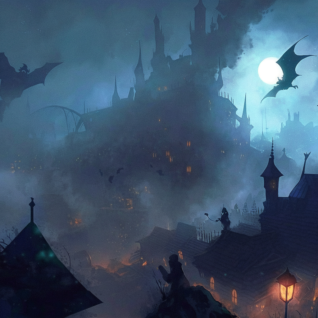 Nazgul over sleeping town, showcasing Midjourney prompt for dark fantasy themes and atmospheric compositions.