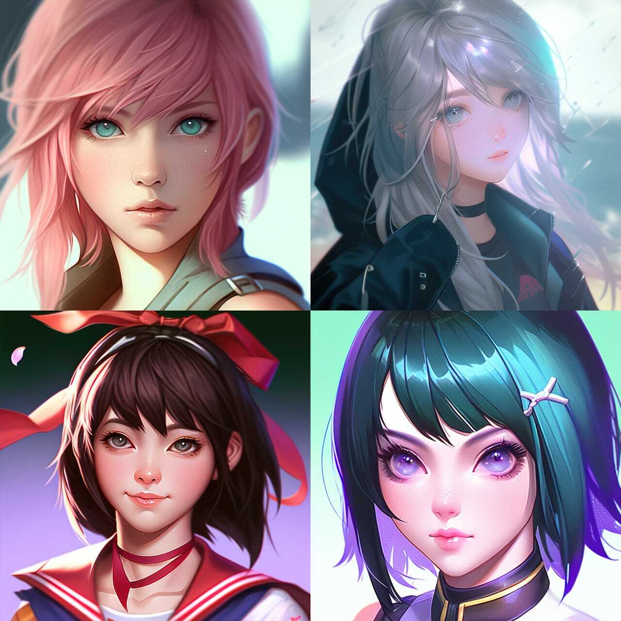 Realistic anime style --niji showcasing diverse characters, emphasizing prompt engineering in Midjourney text-to-image generation.