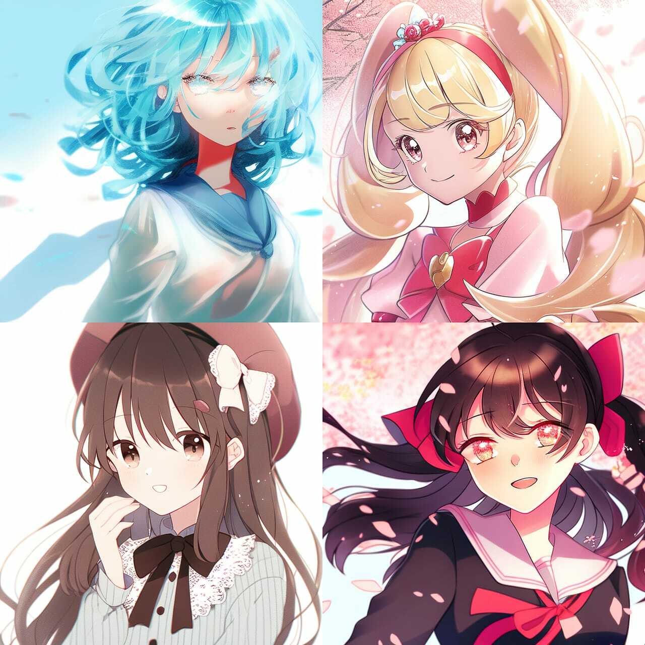 Shojo anime style characters generated using Midjourney --niji prompt for diverse anime styles.