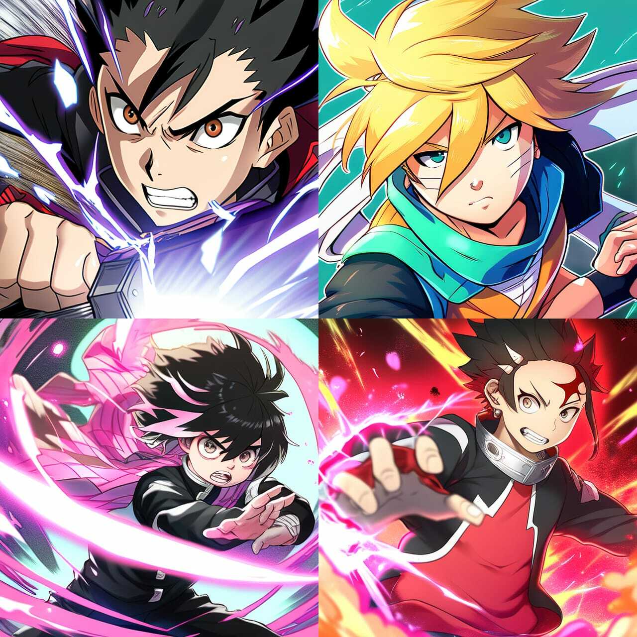 Shonen anime style characters in action, showcasing Midjourney prompt techniques for dynamic compositions.