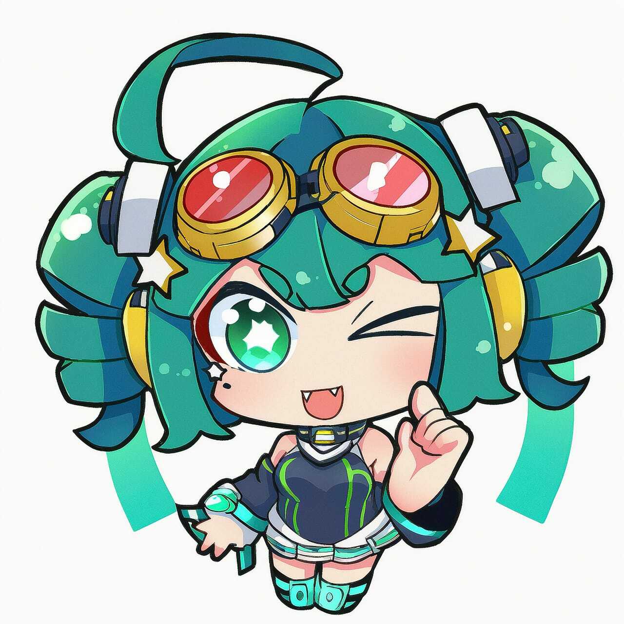 Chibi character with green hair and goggles, showcasing Midjourney prompt engineering for anime styles.