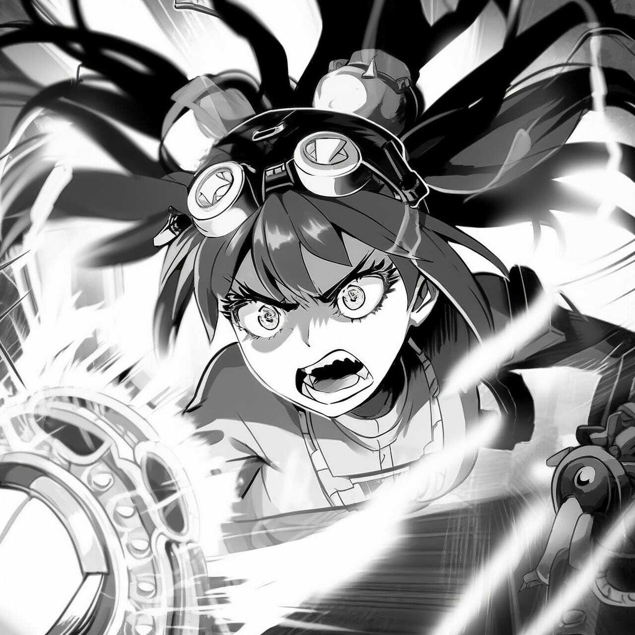 Tech genius teenage girl in dynamic action, showcasing Midjourney prompt engineering for anime styles.