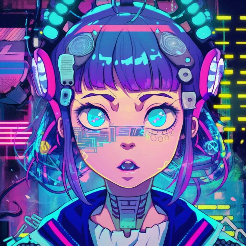 Midjourney prompt engineering for anime styles featuring tech genius teenage girl with cybernetic elements.