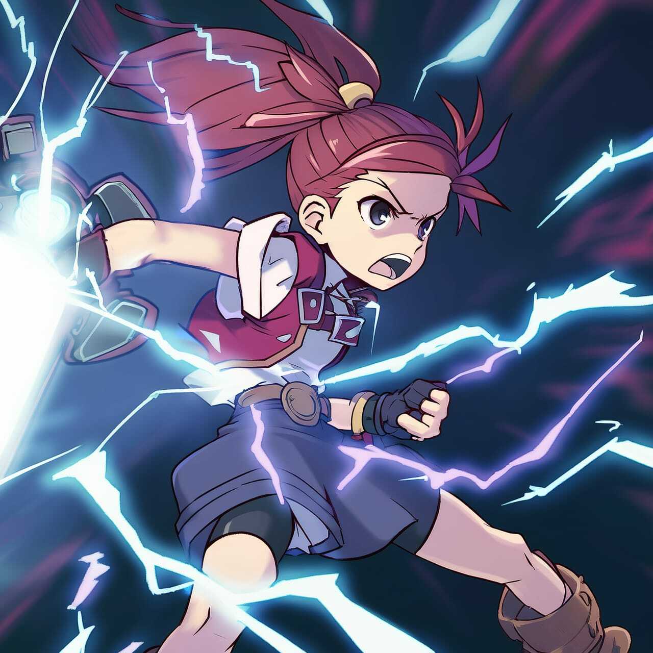 Midjourney prompt showcasing tech genius teenage girl in dynamic anime style with lightning effects, emphasizing action and character design.