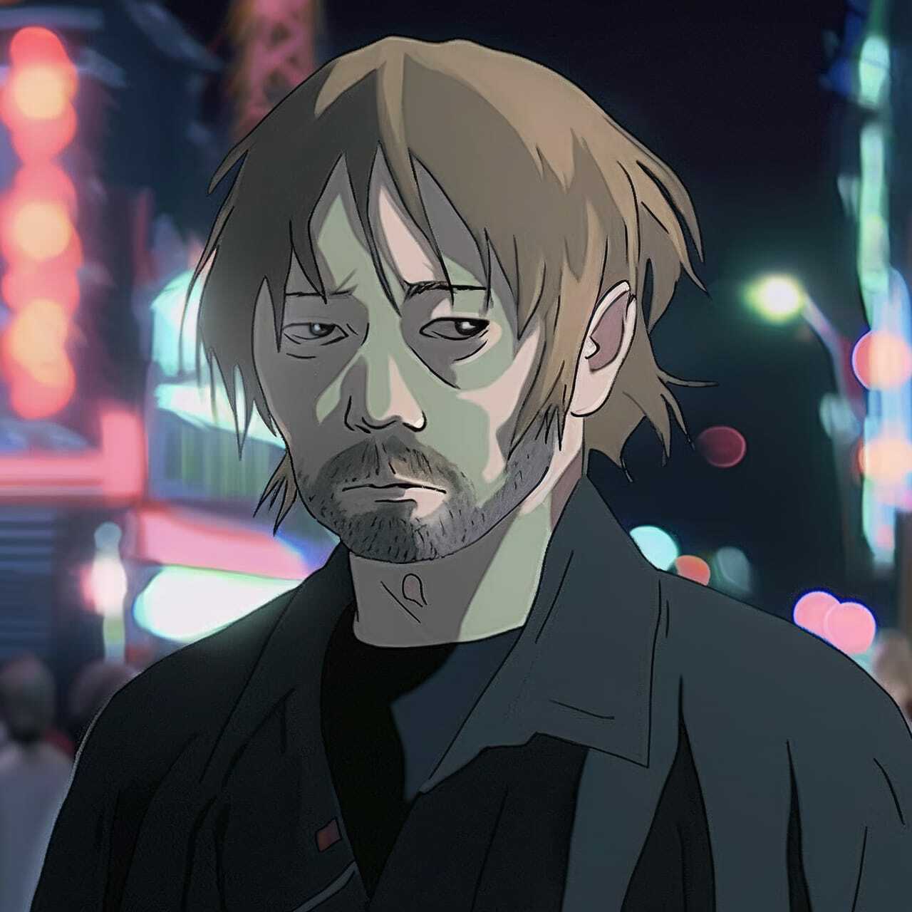Midjourney prompt for anime character design featuring stylized male figure in urban setting, inspired by --niji anime styles.