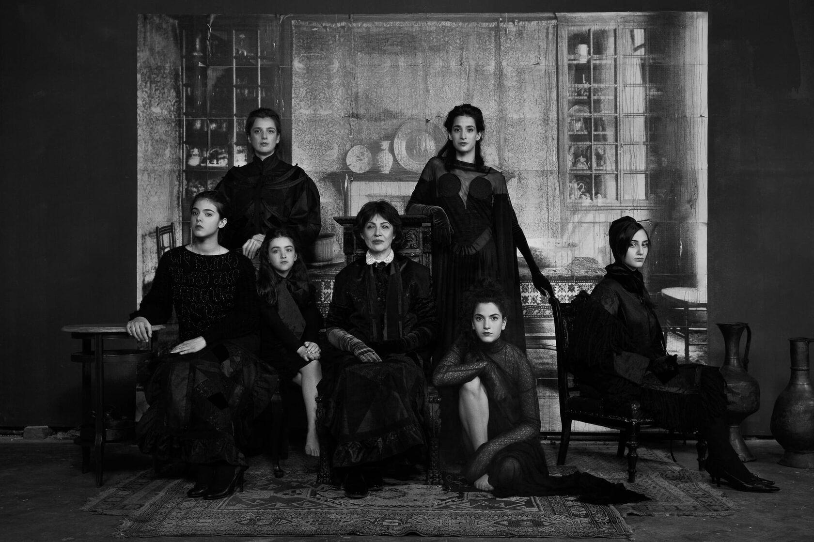 Midjourney prompt for generating artistic re-imagination of Georgian women in black attire, exploring visual storytelling and minimalist prompting techniques.