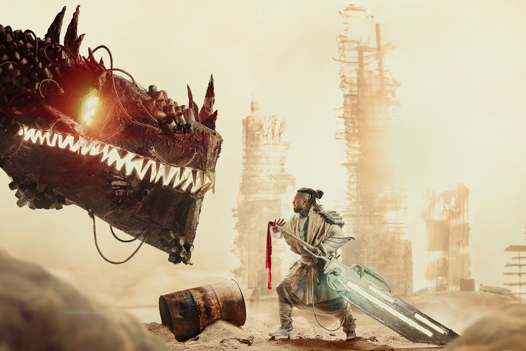 Midjourney prompt for fantasy scene featuring warrior confronting dragon in desolate landscape, showcasing creative visualization techniques.