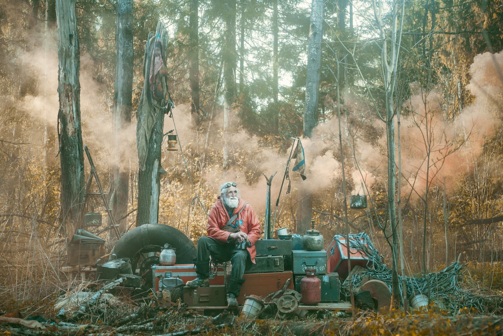 Midjourney prompt engineering for unique photography in forest setting, showcasing creative props and atmospheric elements.