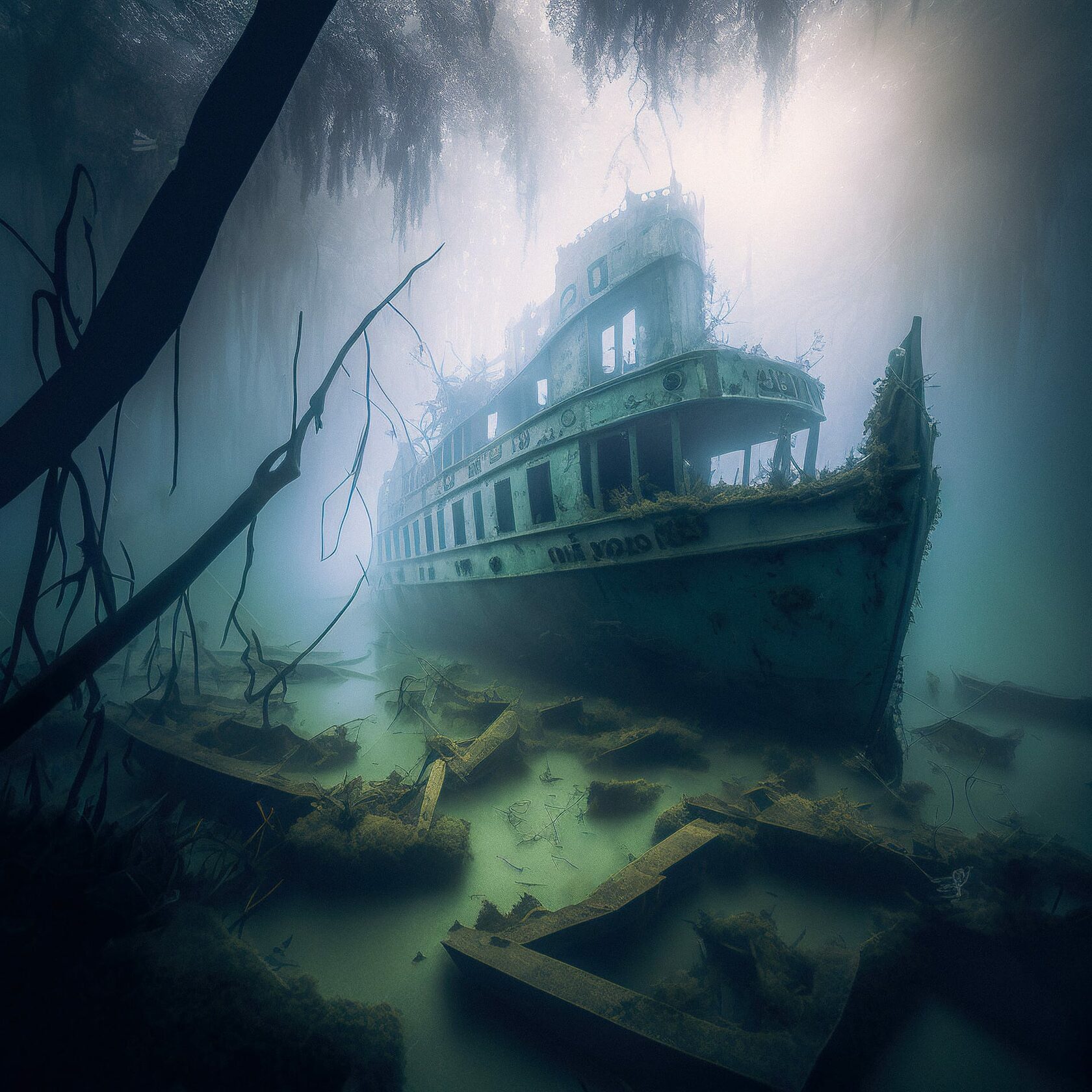 Midjourney prompt for abandoned ship in misty swamp, ultra-wide low angle shot, V4 techniques, lighting, composition, previsualization.