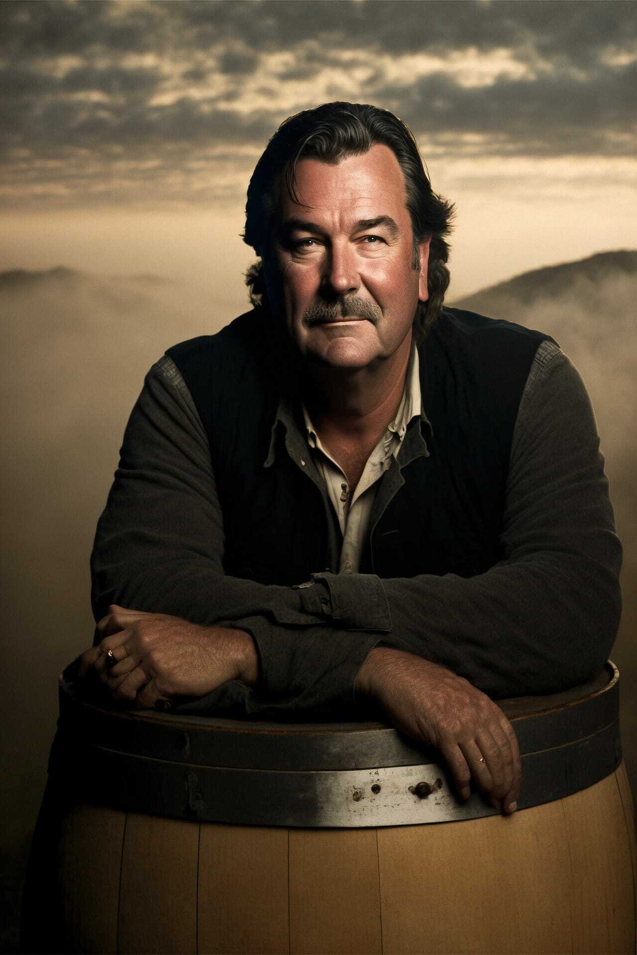 Midjourney prompt engineering for photography, featuring winemaker on barrel, foggy Provence hills, dramatic lighting, V4 techniques.