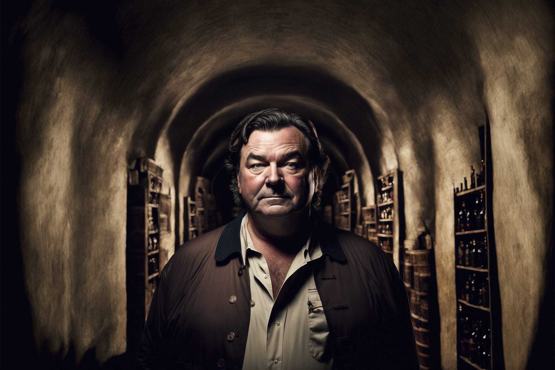 Midjourney prompt engineering for photography, winemaker portrait in wine cellar, ultra-wide shot, V4 techniques, lighting, composition, styling.