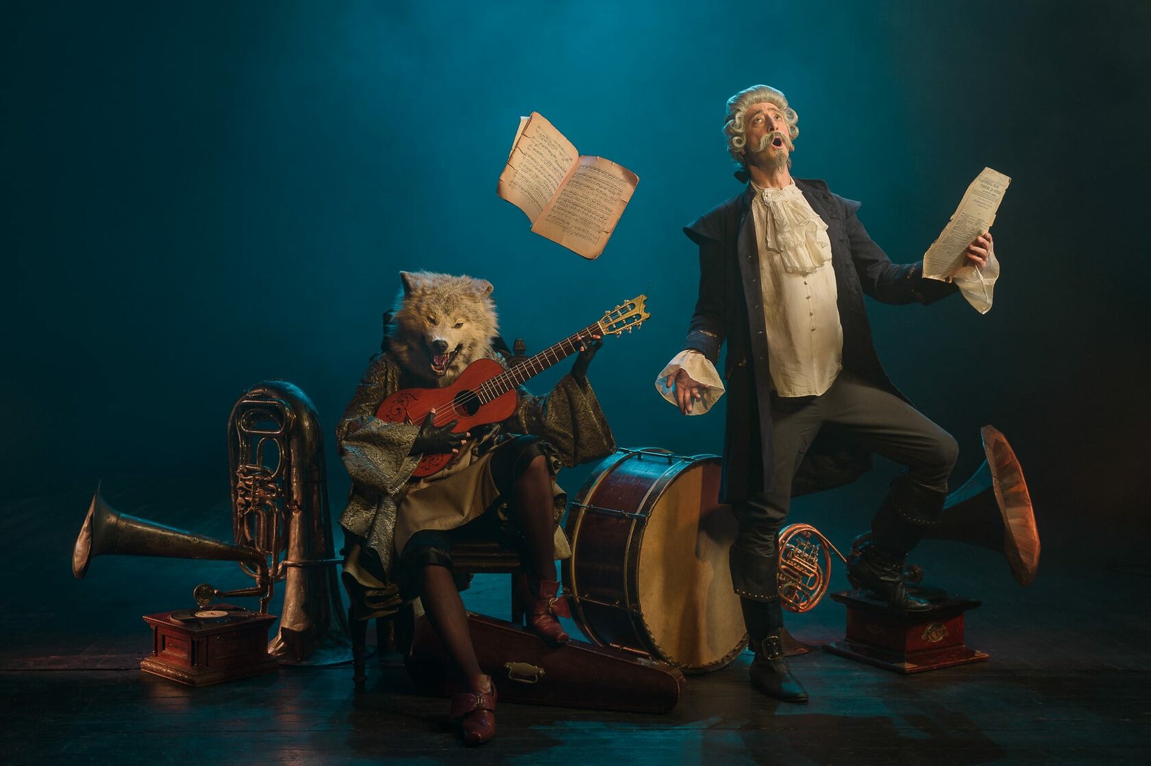 Midjourney prompt for creative photography featuring anthropomorphic characters, musical instruments, theatrical performance, and dramatic lighting.