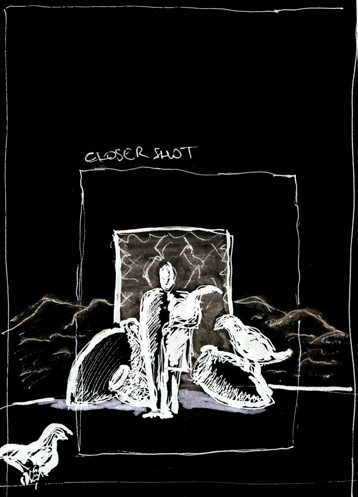 Midjourney prompt sketch illustrating closer shot composition with figure and animals, emphasizing lighting and set design techniques.