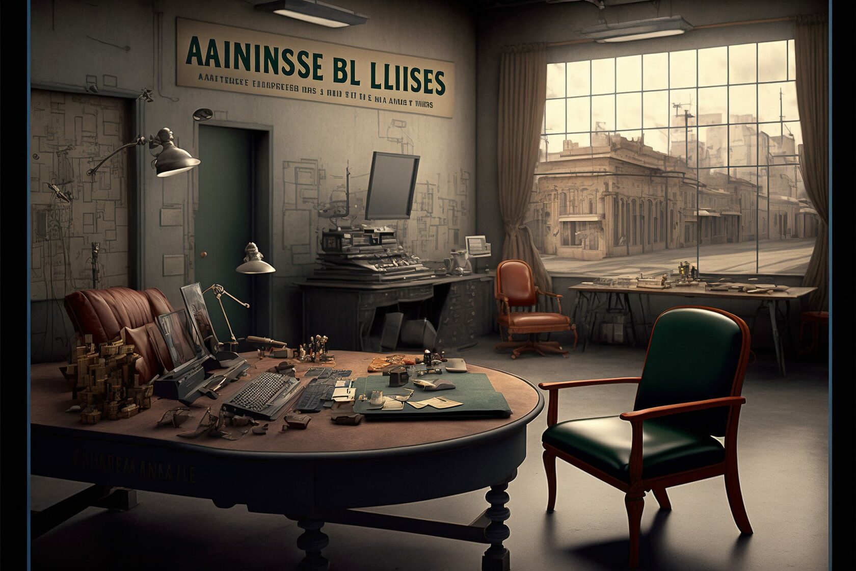 Midjourney prompt engineering for business-themed set design, featuring workspace elements and lighting techniques, inspired by Annie Leibovitz --v 4.