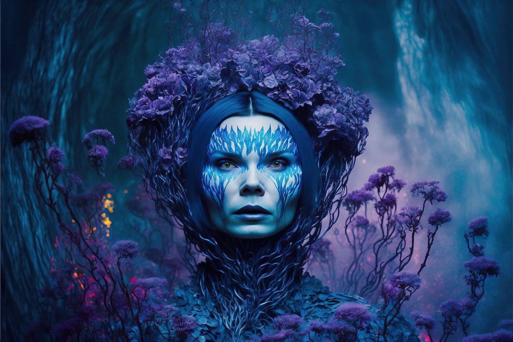 Midjourney AI prompt for floral elven alien portrait in misty forest, showcasing V4 capabilities and artistic expression.