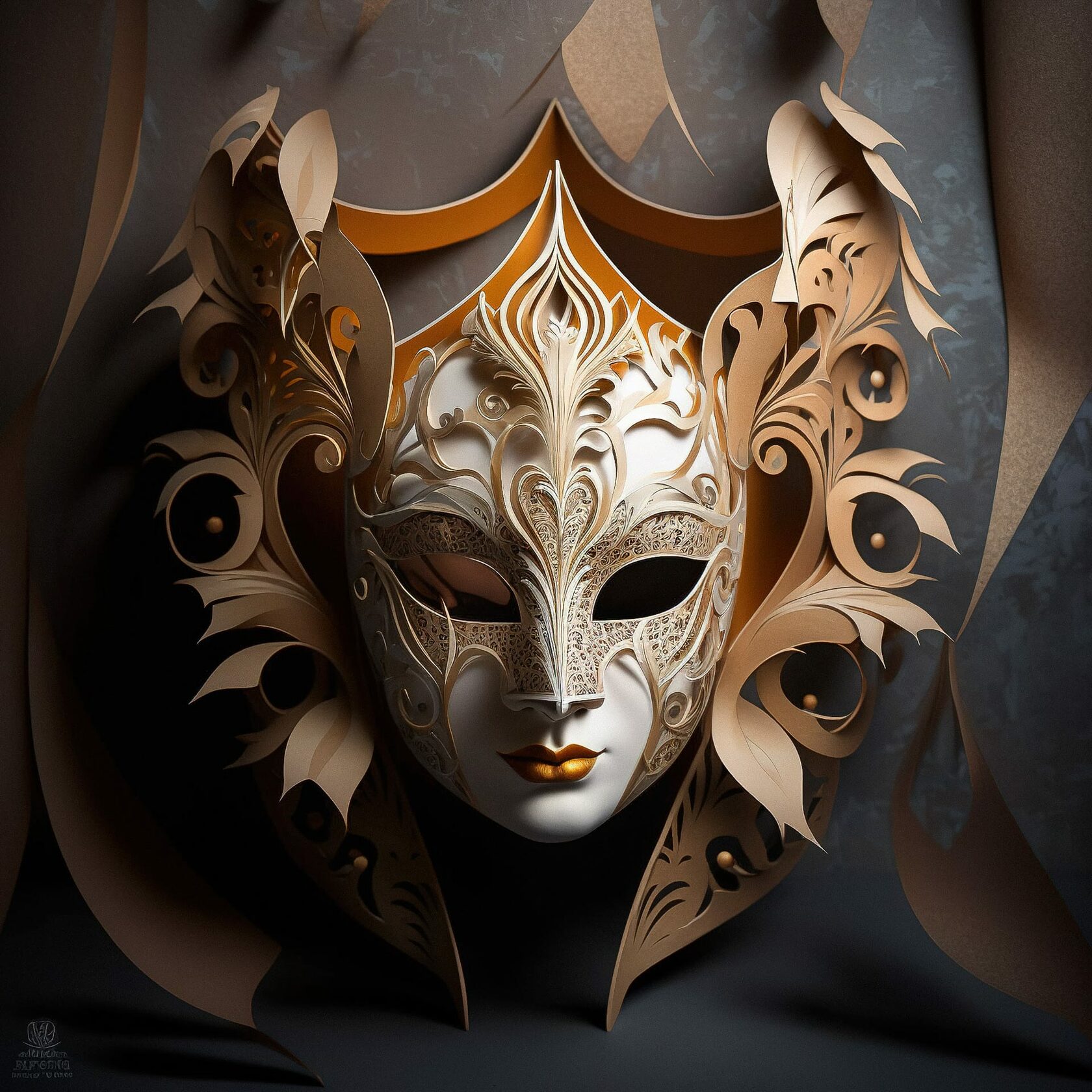 Cardboard mystical Venetian mask for fashion photo shoot, showcasing Midjourney prompt engineering techniques, V4 capabilities, and creative styling.