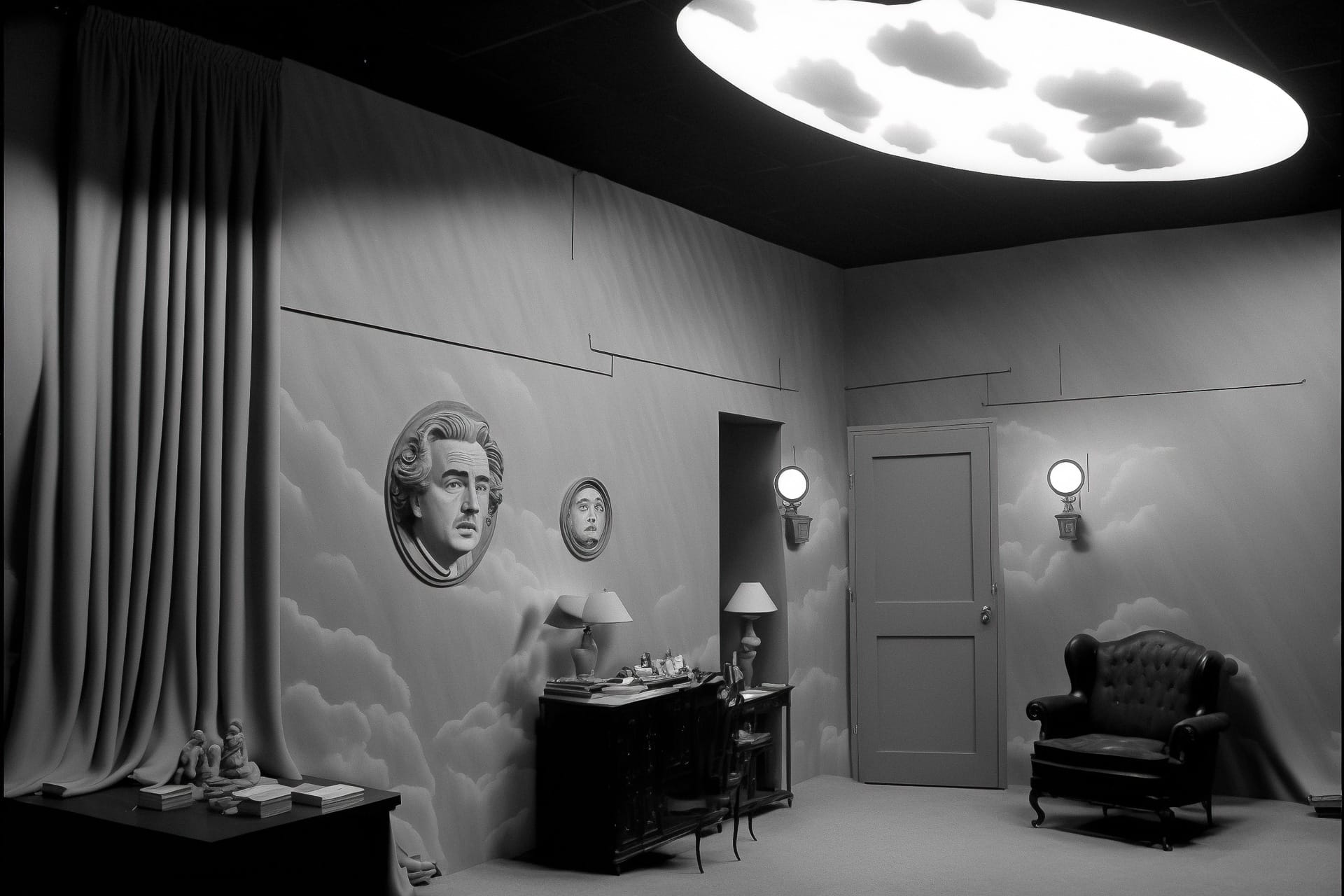 Midjourney prompt engineering for black and white set design, inspired by David Lynch, featuring unique lighting and composition techniques.
