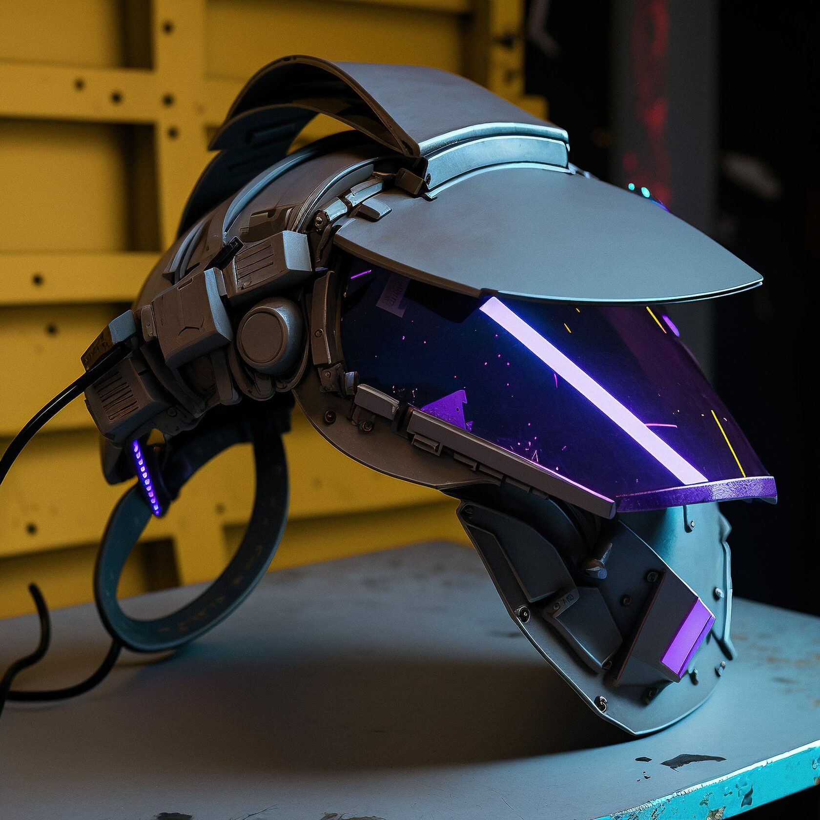 Cyberpunk visor prop for fashion photo shoot, showcasing Midjourney prompt engineering techniques, V4 enhancements, and creative styling.