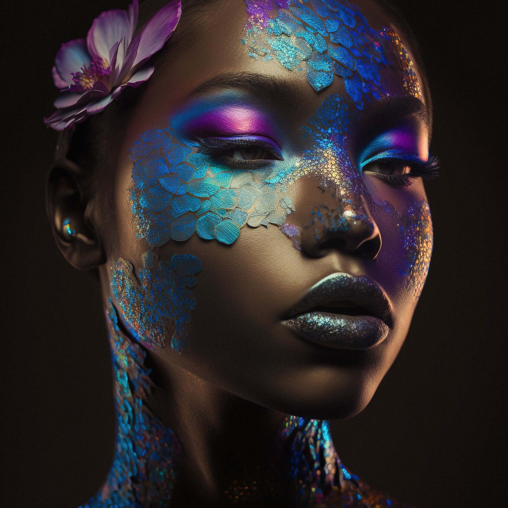 Midjourney prompt for creative iridescent makeup, floral patterns, portrait photography, lighting techniques, V4 workflow optimization.
