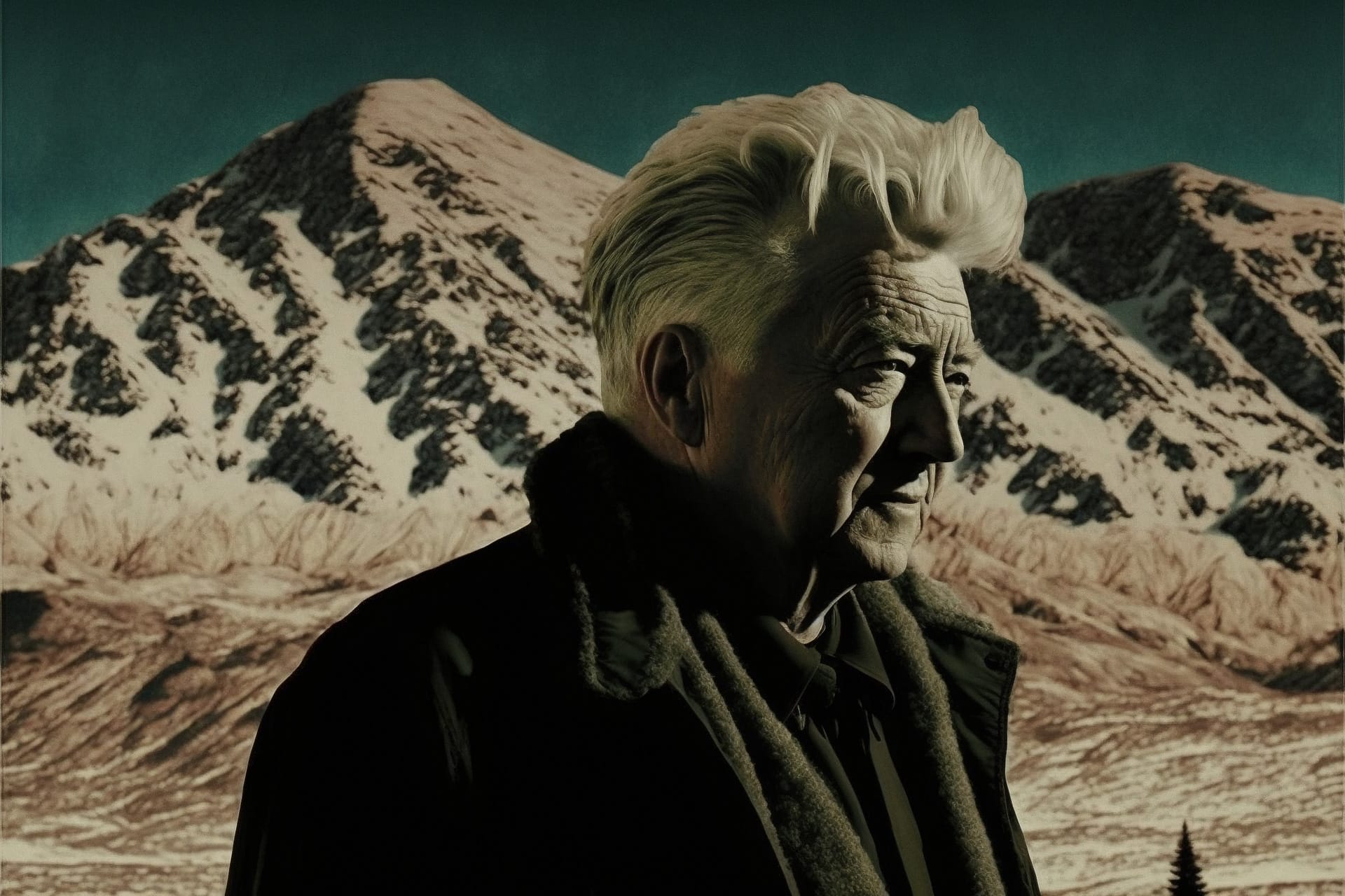 David Lynch as lone caped wanderer in mountains, dramatic hand-colored photograph, Midjourney prompt engineering, V4 techniques.