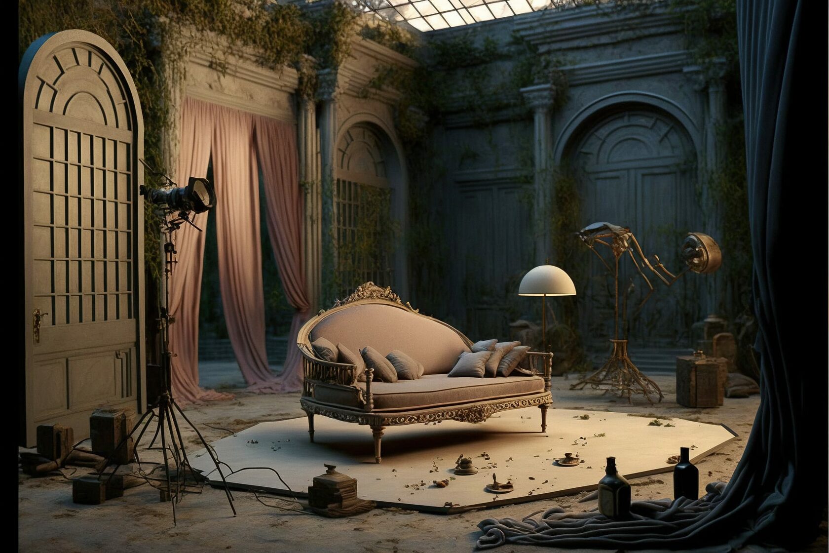 Business themed set design featuring vintage sofa, camera setup, and lighting, utilizing Midjourney prompt techniques for photography --v 4.