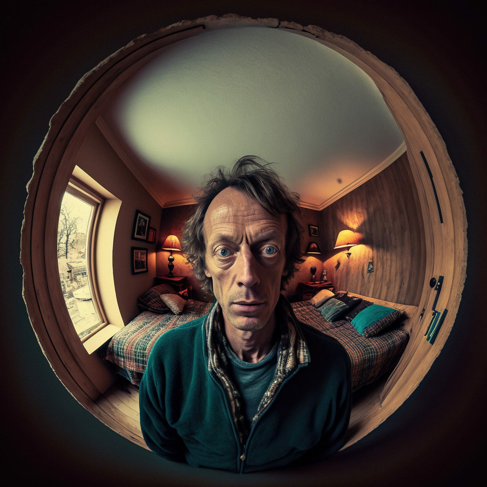Midjourney prompt for fisheye lens photography, showcasing interior composition, lighting techniques, and creative expression in V4.