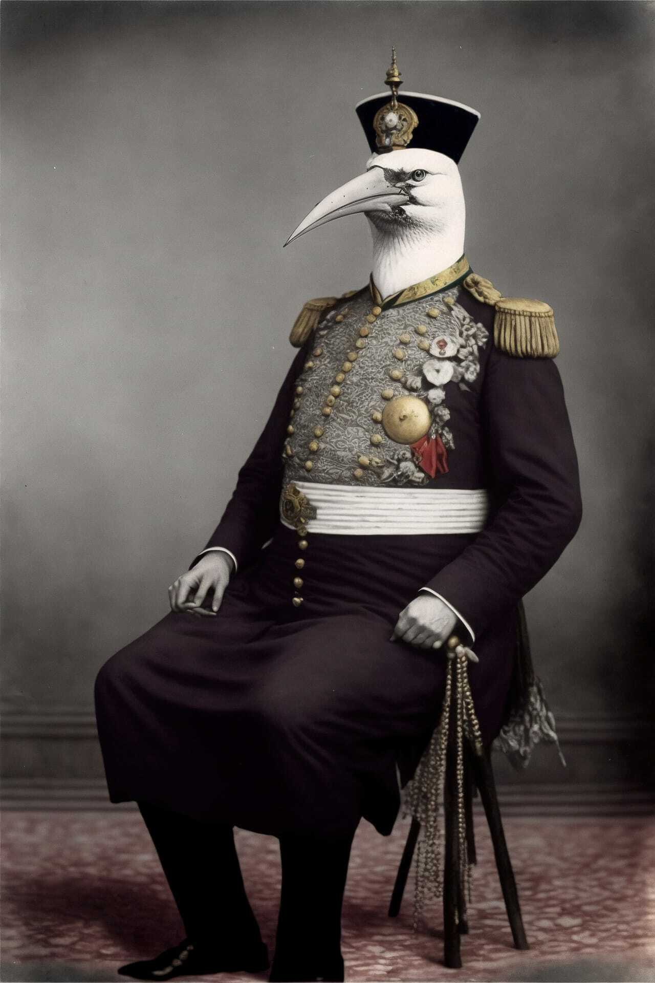 Midjourney prompt engineering for unique artistic expression in photography, featuring hand-colored Turkish seagull-sultan portrait.