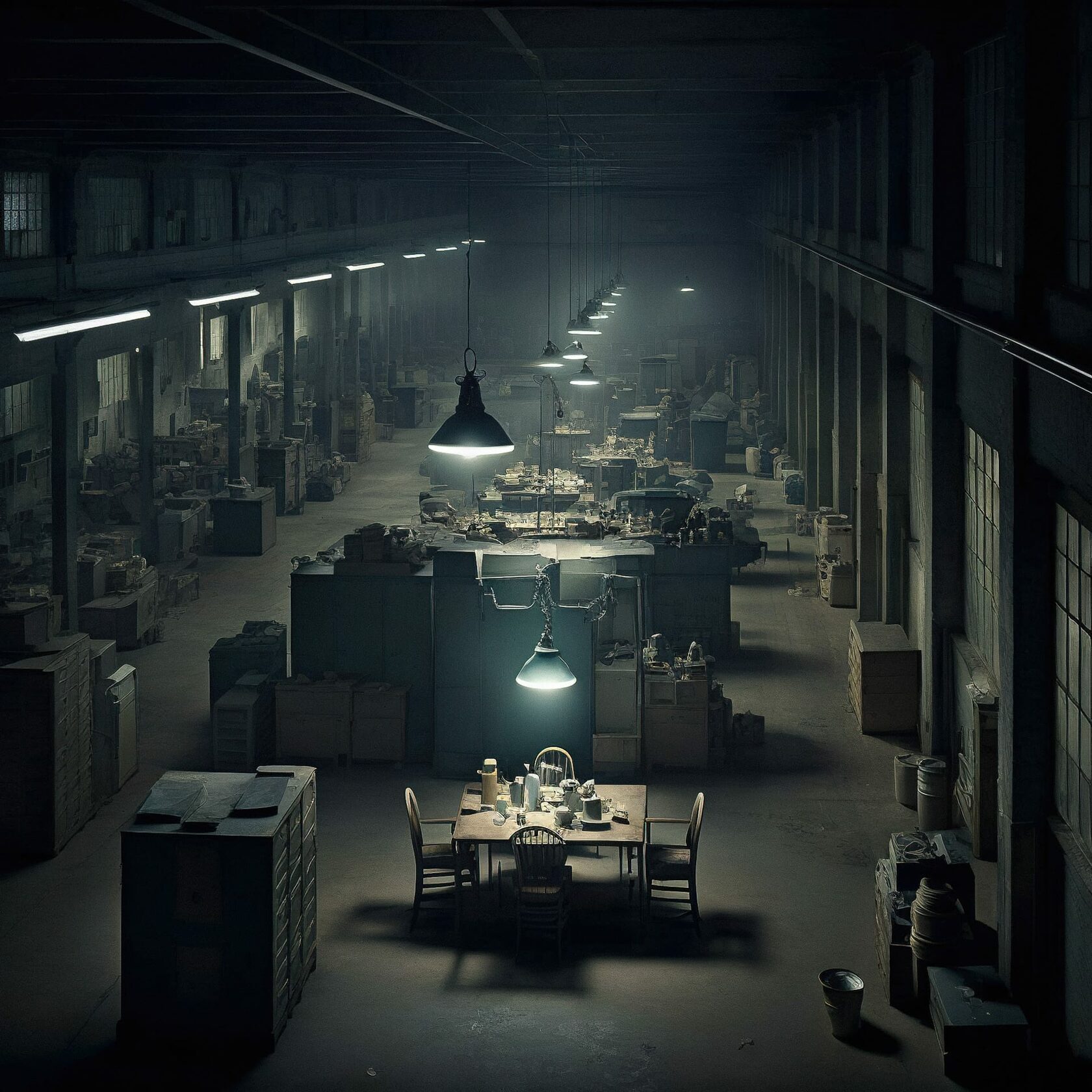 Midjourney prompt engineering for photography, showcasing vast factory space, lighting techniques, composition, and atmospheric mood.