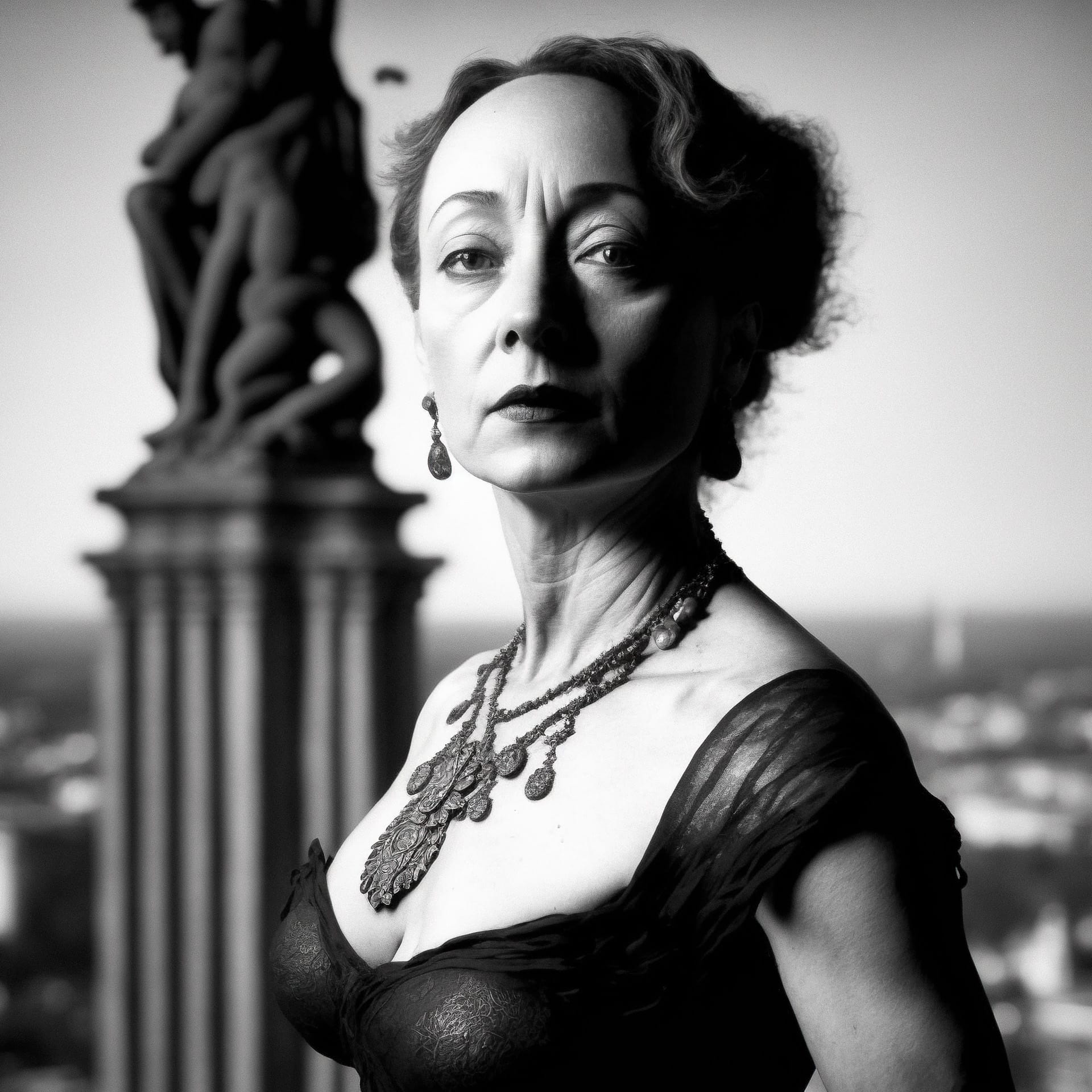 Midjourney prompt engineering for dramatic photography, featuring black and white portrait with Paris background --v 4.