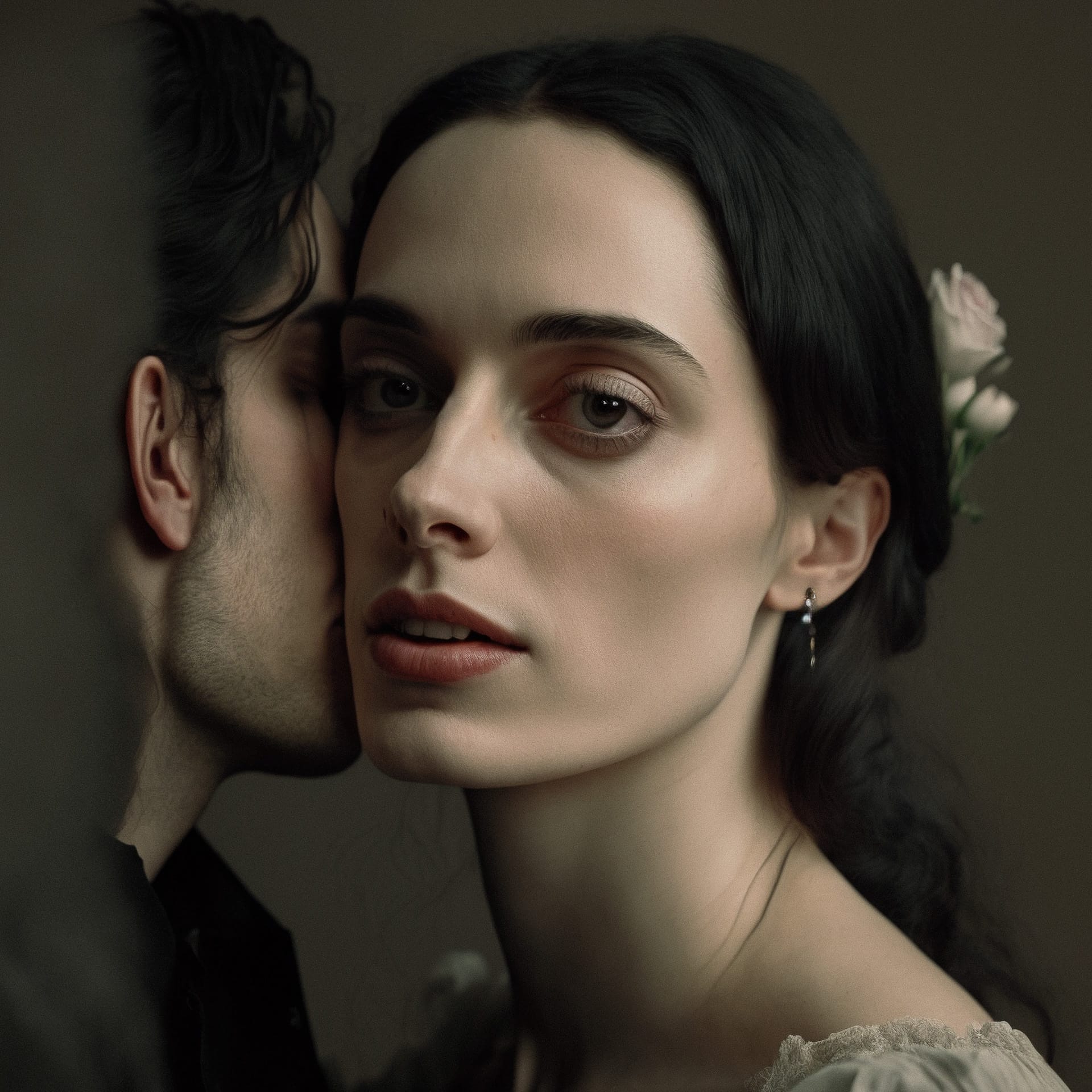 Intimate romantic portrait using Midjourney prompt engineering techniques for unique artistic expression and composition.