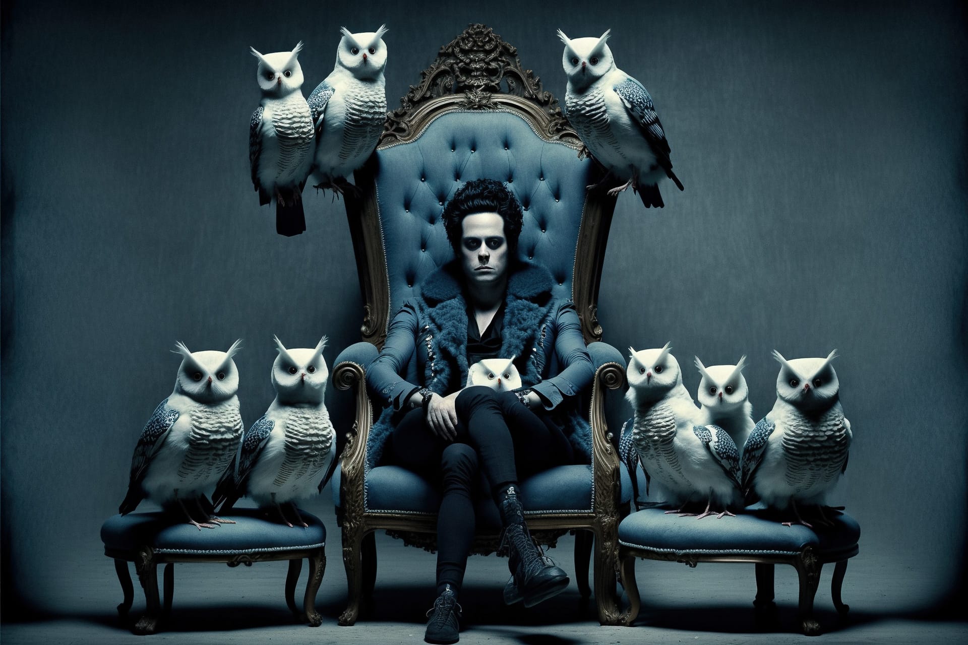 Midjourney prompt engineering for dramatic portrait photography featuring British gentleman on throne with white owls, dark atmosphere, top lighting, version 4.