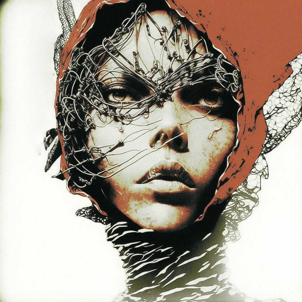 intricate minimalist mask by Tsutomu Nihei, Midjourney prompt engineering, AI V4 techniques for artistic expression