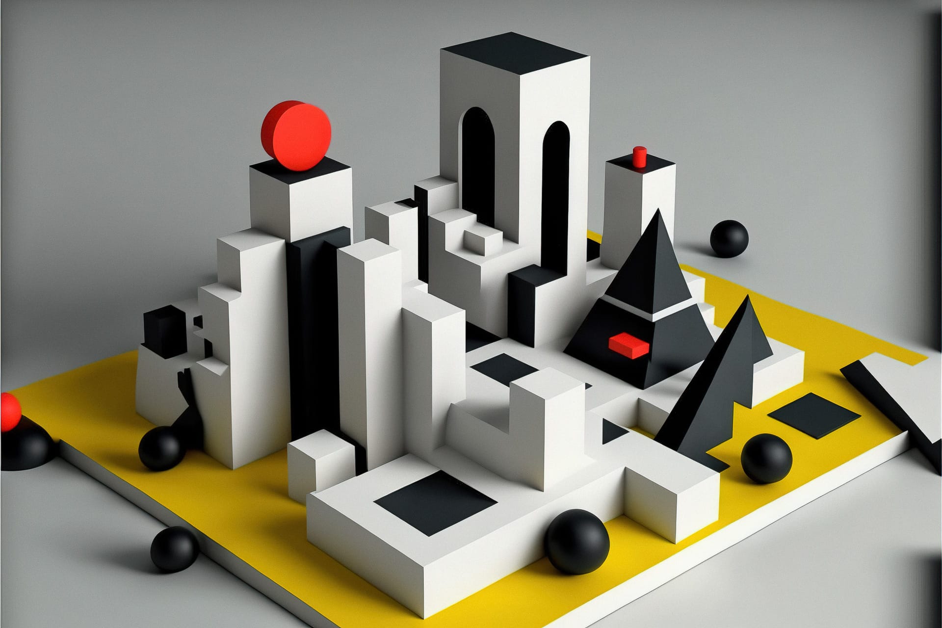 Midjourney prompt for geometric set design inspired by Kazimir Malevich, featuring shapes and colors, V4 techniques.