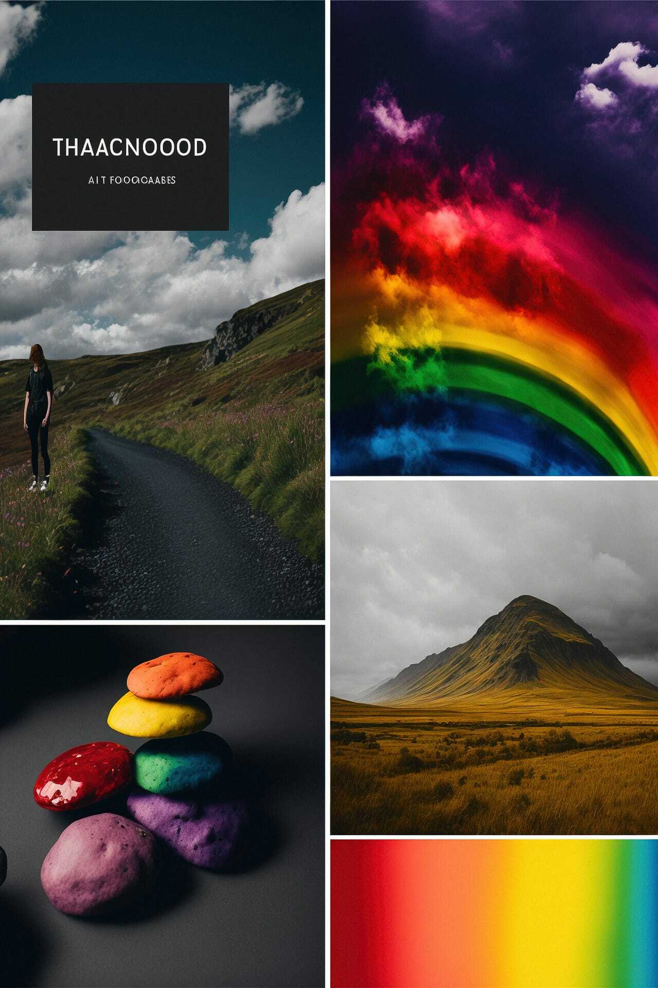 Mood board location references for rainbow themed photo shoot using Midjourney prompt engineering techniques.