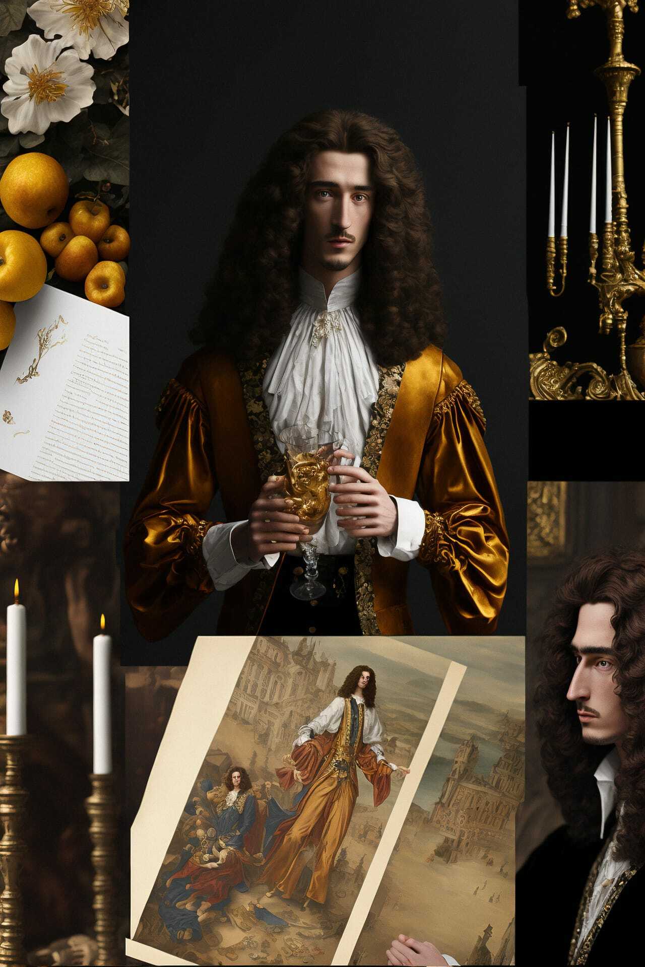 Mood board references for Louis XIV themed photo shoot using Midjourney prompt engineering techniques, stylize 10, V4.