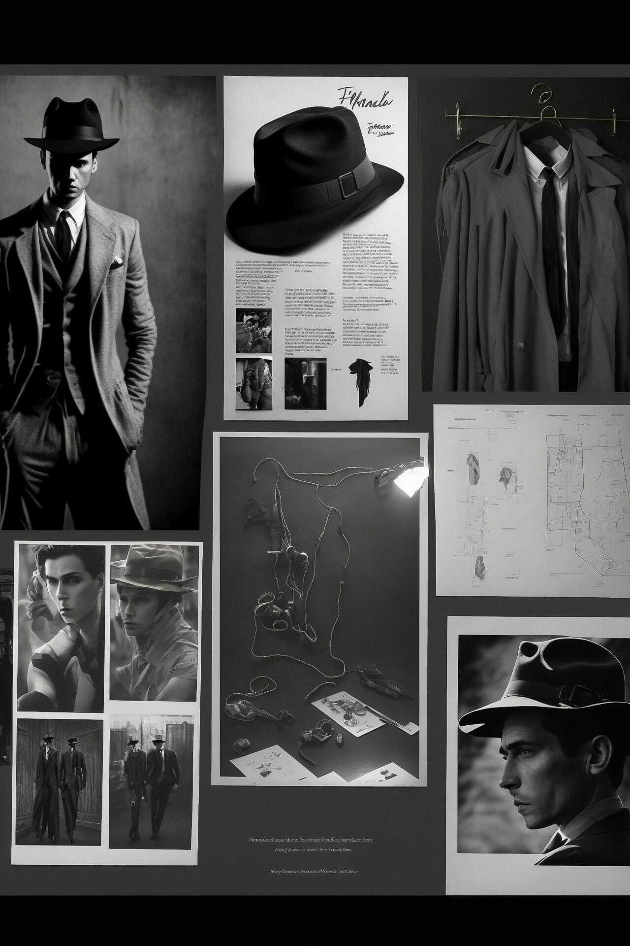 Mood board props references for noir themed photo shoot using Midjourney prompt techniques --stylize 350 --v 4.