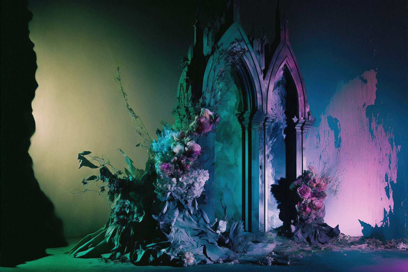Tim Walker's mystical set design featuring floral arrangements and architectural elements, showcasing Midjourney prompt techniques for photography.