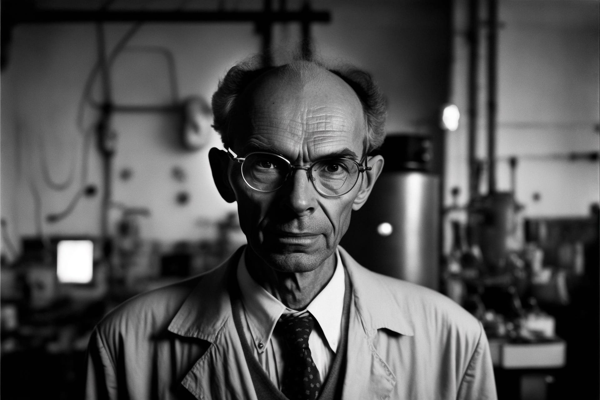 Midjourney prompt engineering for photography, featuring portrait of physicist in lab, 1960s style, by Anton Corbijn --v 4.