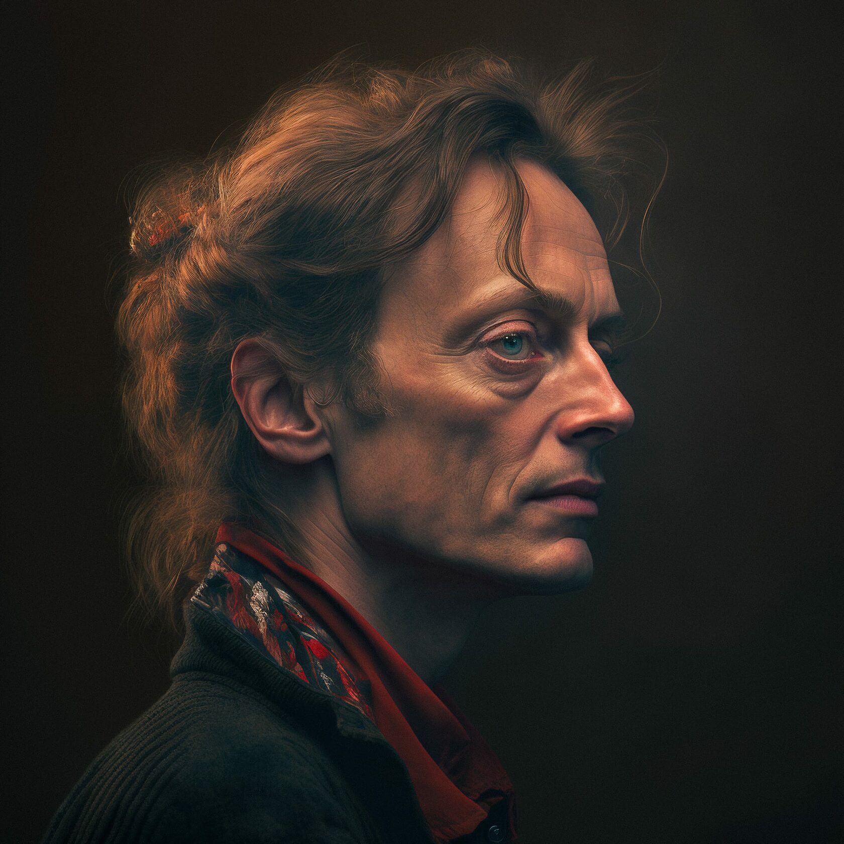 Profile view of subject generated with Midjourney AI V4, showcasing prompt engineering techniques for artistic expression.