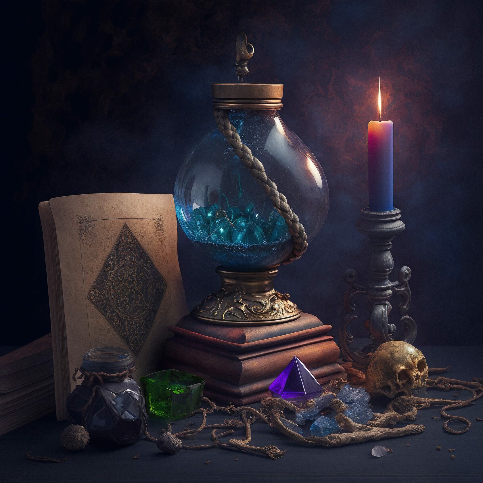 Midjourney prompt for magic themed photo shoot with props, lighting, and composition techniques.