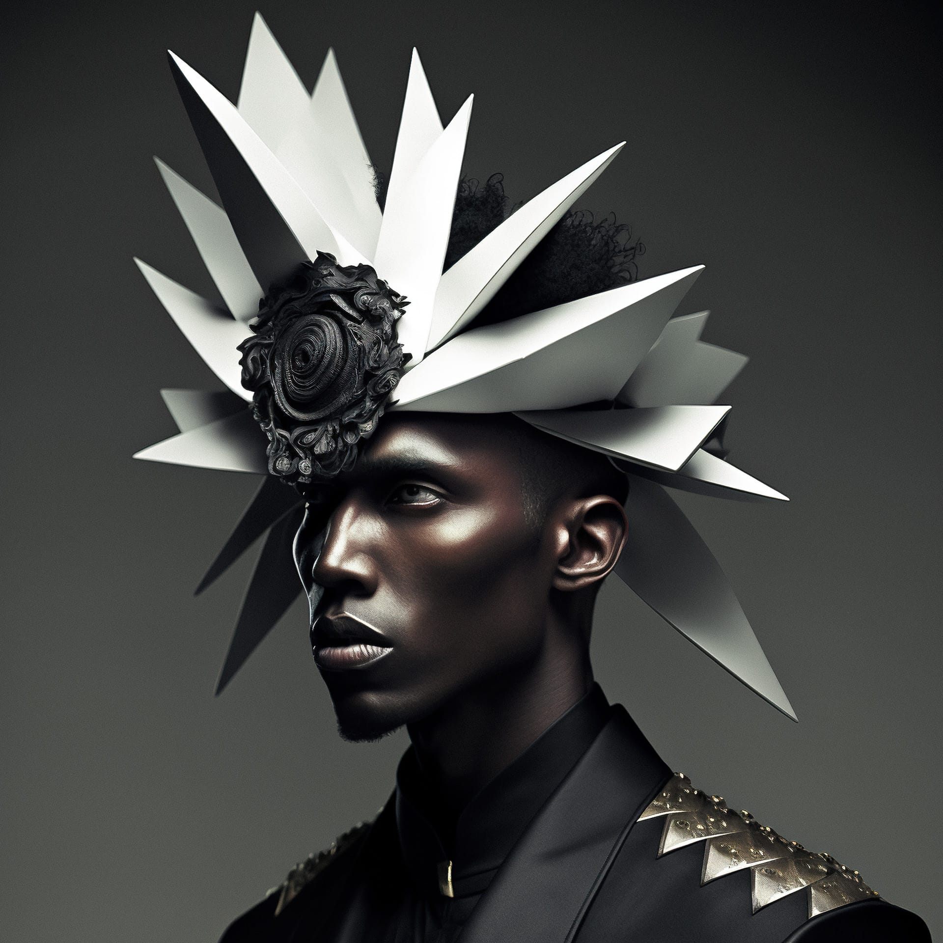Rick Owens headpiece for high concept photo shoot, showcasing Midjourney prompt engineering techniques and artistic styling --v 4.