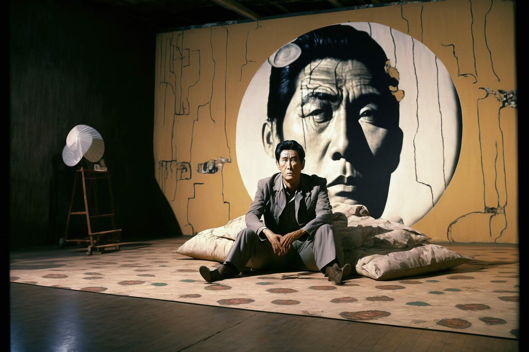 Midjourney prompt engineering for photography, showcasing Takeshi Kitano's set design with unique artistic elements and composition techniques.