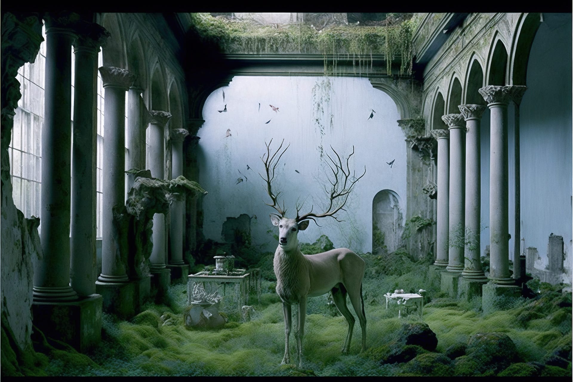 Midjourney prompt for mystical photo shoot featuring deer in overgrown, abandoned architecture with stylized elements.