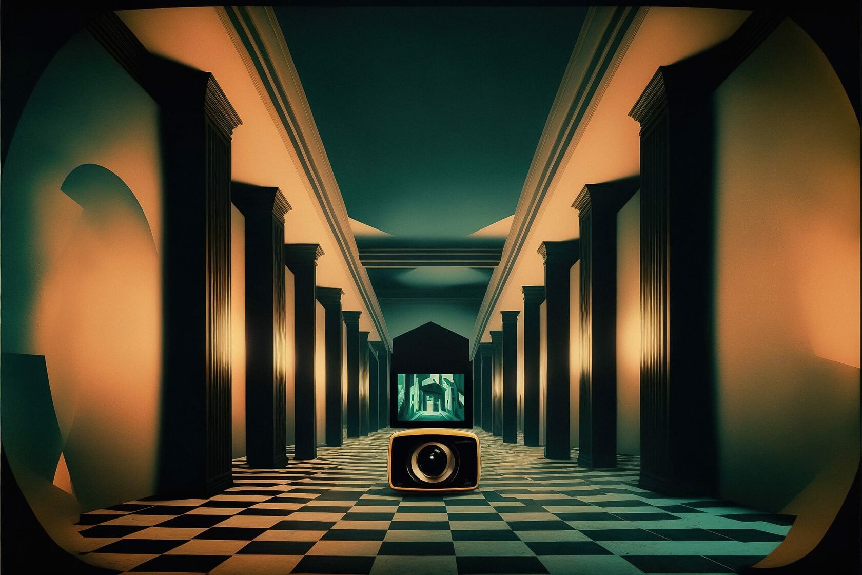 Midjourney prompt engineering for virtual reality themed set design by Alvin Lustig, showcasing lighting, composition, and artistic expression.